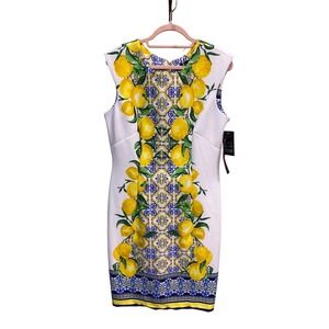 Madison Leigh Womens Lemon Tile Print Sheath Dress Yellow Blue riviera coastal